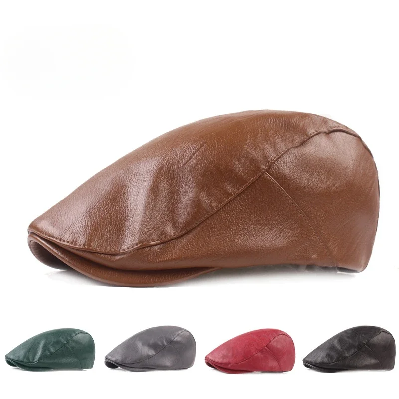Unisex Vintage Kunstleder Flachmütze Retro Britischer Ivy-Hut Weiche Kurzbrim-Baskenmütze für Männer und Frauen Herbst Winter Casual Street Hat – Detail 1