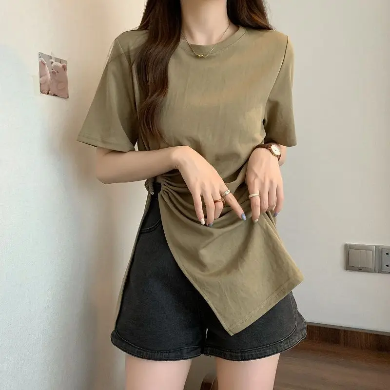 T-shirts Women Side-slit Design Sexy Folds Pure Simple All-match Loose Daily Korean Style Female Casual Summer Long Clothes New