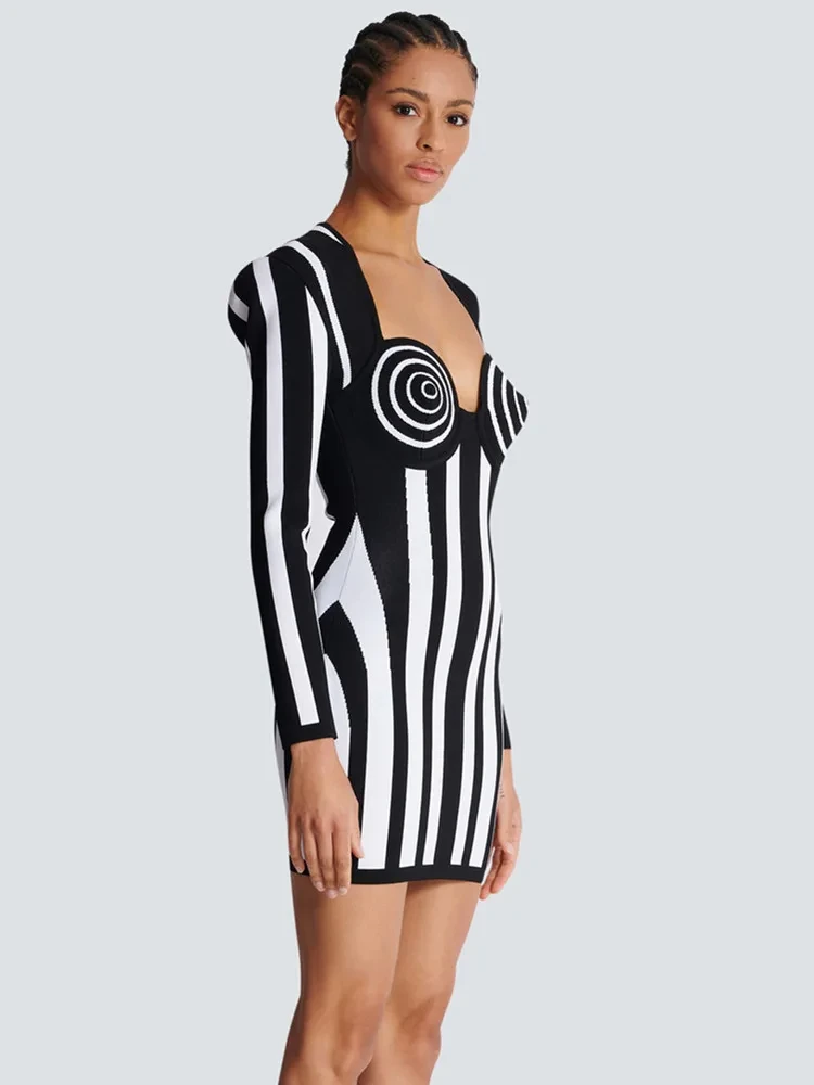 2024 Kobiety Celebrity Sexy V Neck Long Sleeve Striped Mini Bodycon Bandage Dress Elegancka wieczorowa sukienka klubowa