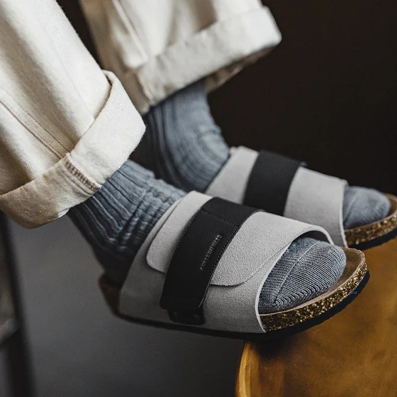 

Maden Men's Summer Casual Color-Block Mules Cork Sole Slide-On Sandals with Hook and Loop Closure Breathable Outdoor Shoes