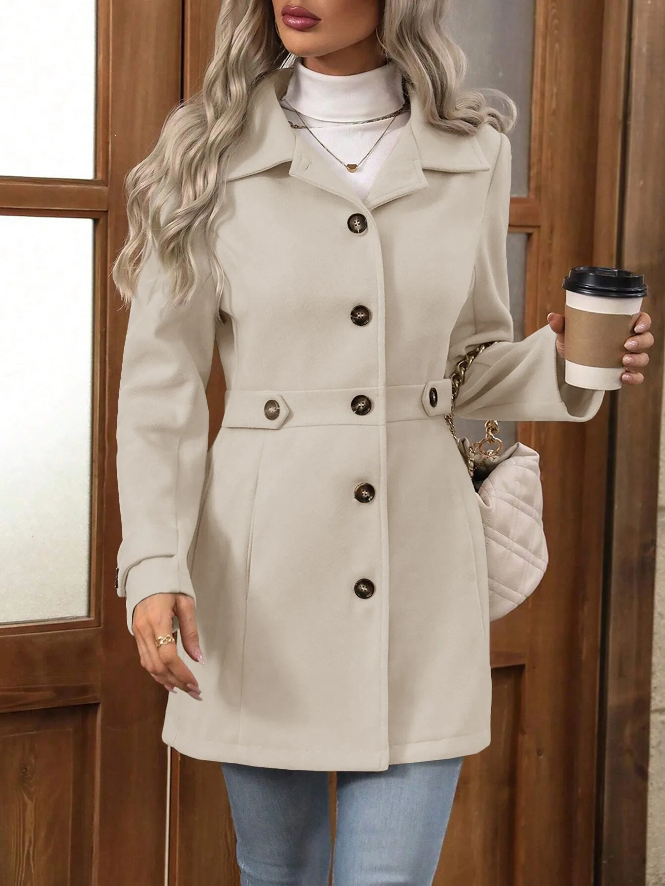 2025 Autumn Winter New Mid-Length Woolen Coat with Turn-down Collar And Buttons Slim Fit Elegant Cross-Border Fashion