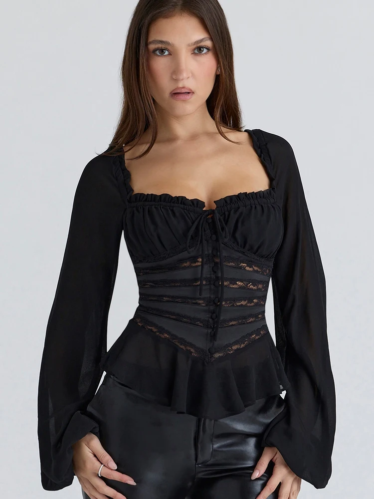 

Retro Sle Slim Fit Long Sve irt Women's Sexy Pure Desire Sle with Lace Hemline Faionable Casual Busin irt