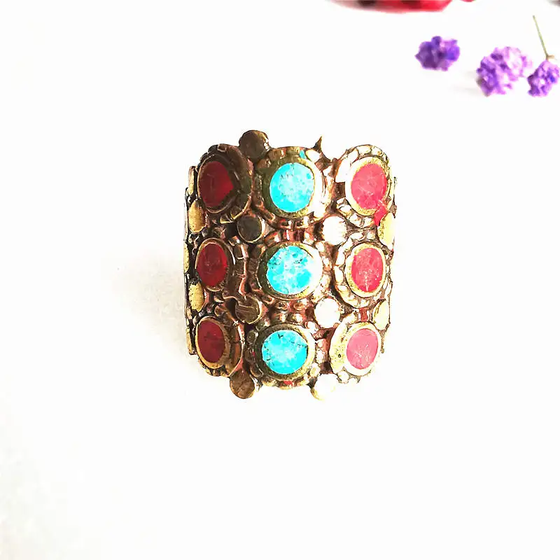 Nepal Vintage Jewelry Brass Inlay Colorful Stone Golden Finger Ring for Lady R028