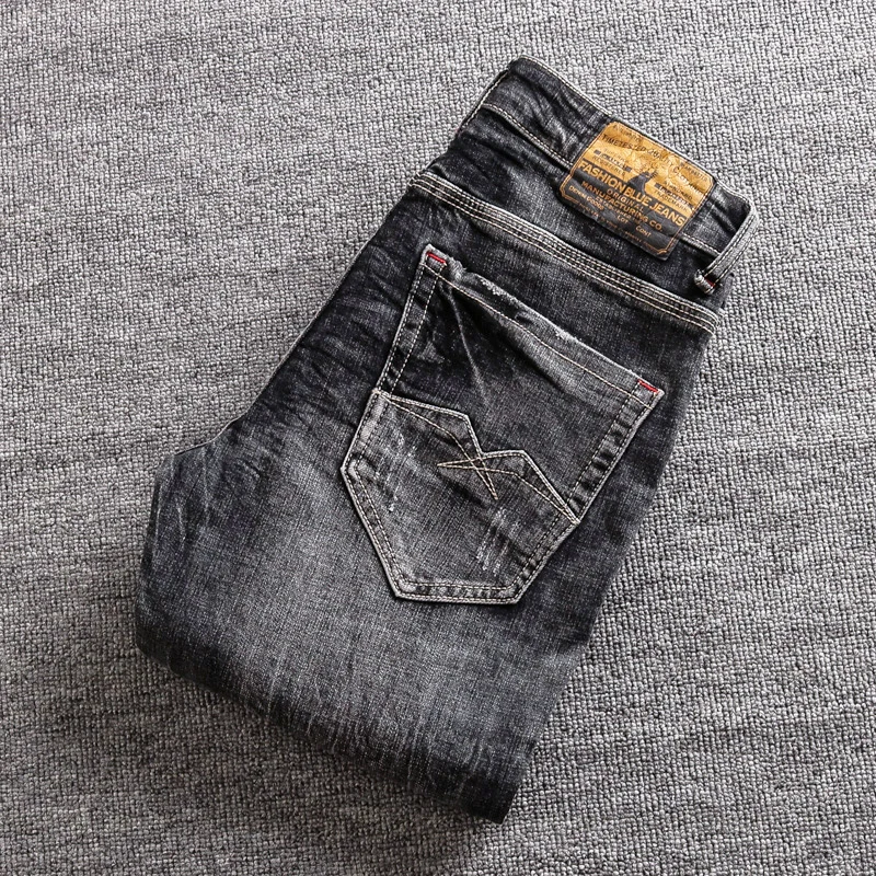 Streetwear Jeans Pria Fashion Retro Hitam Abu-abu Elastis Jeans Ramping Pria Desainer Antik Celana Denim Melar Kasual Hombre