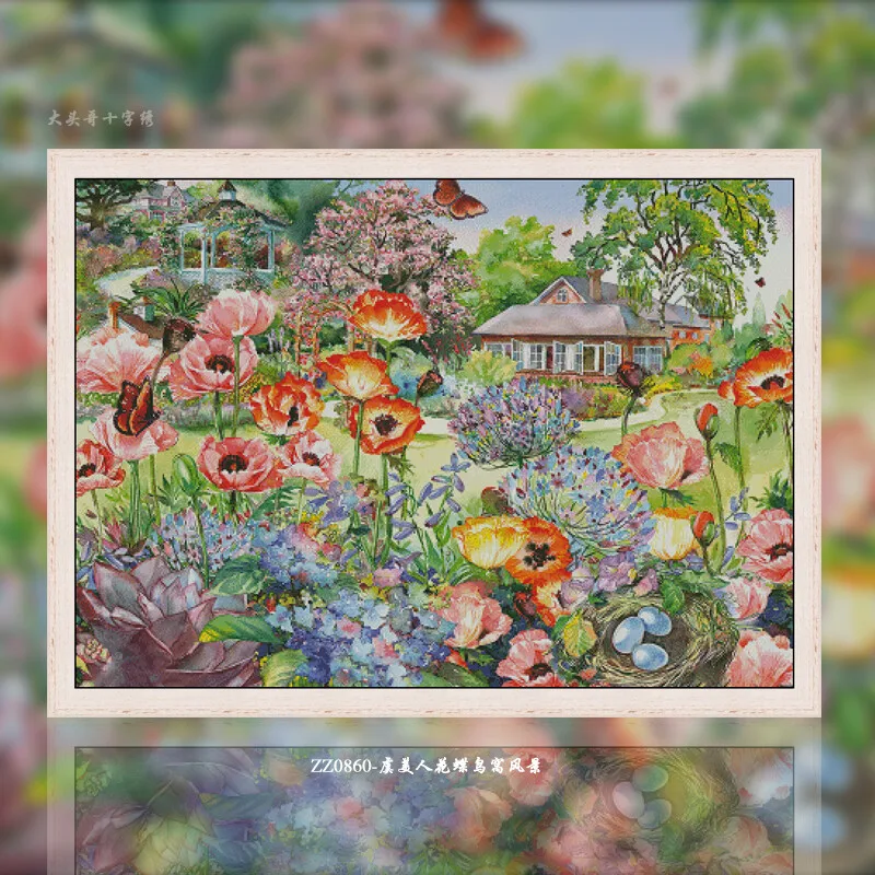 [ZZ0860-Poppy Butterfly Bird Nest Landscape] Printed Cross Stitch Kit 14CT 16CT, DIY Needlework, Cotton Thread Set
