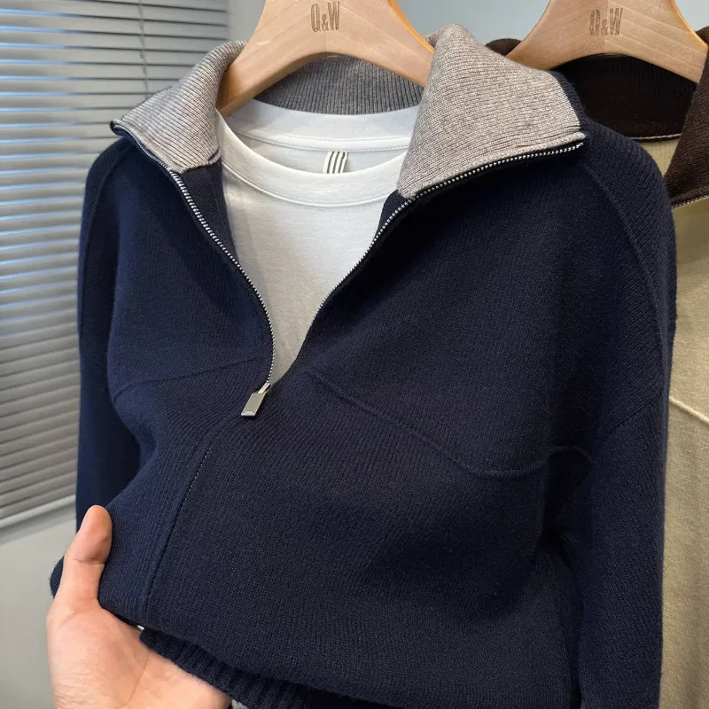 Color Block Collar Cardigan Men's Knitwear Korean Style Loose Autumn Winter Thickened Sweater Jacket Sports Outer Wear Trendy