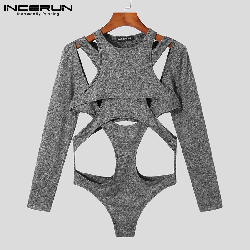 Sexy Leisure Style Loungewear Men\'s Hollow Onesies Stylish Male Jumpsuit Solid Long Sleeve Triangle Bodysuits S-5XL INCERUN 2023