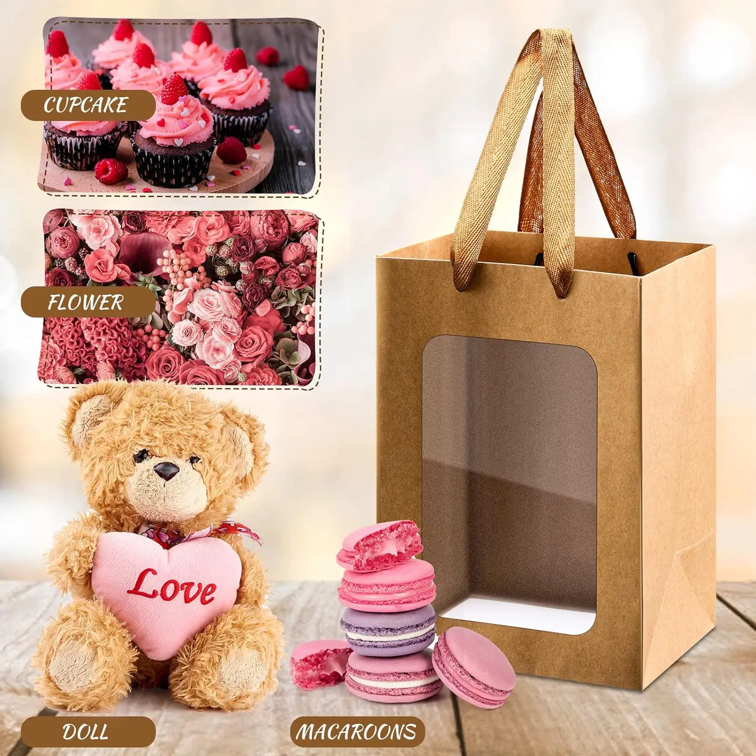 Kraft Paper Gift with Transparent Window Shopping Bags Bulk Flower Boxes Gift Wrap Bags Bouquet Bridal Shopping Presents