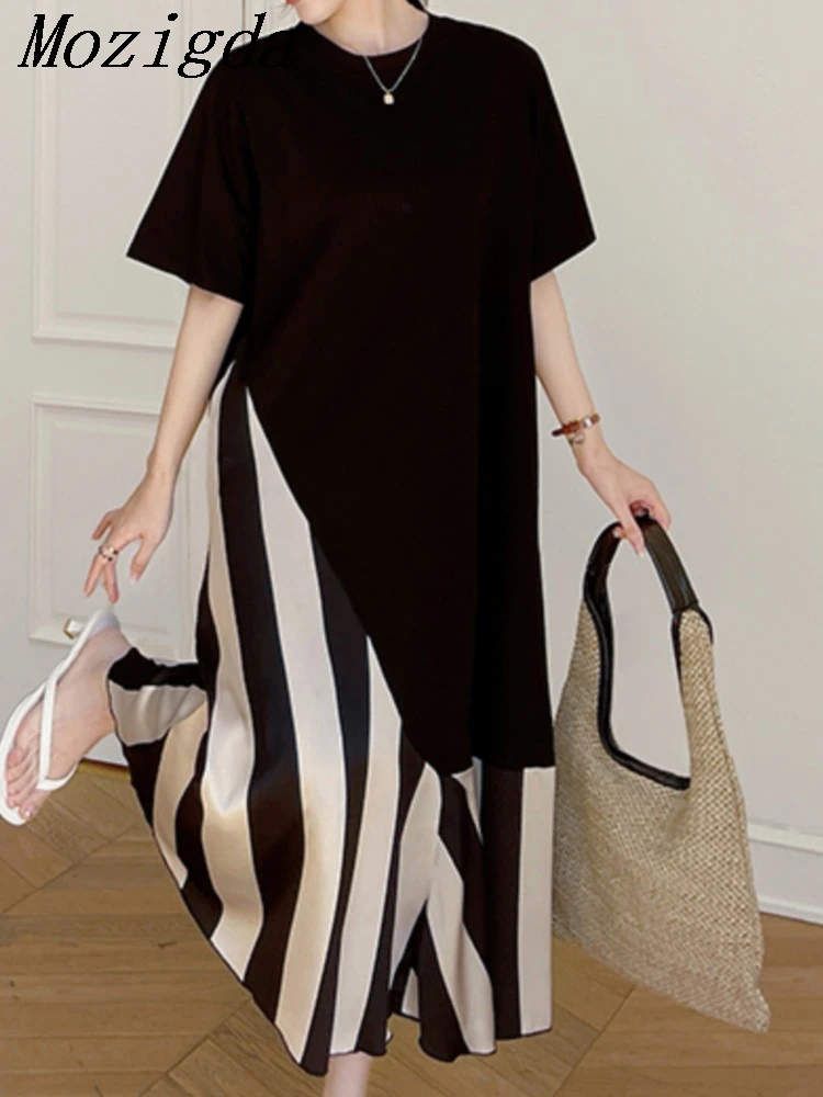 Abito estivo T-shirt a righe patchwork nero Nuovo abito vintage a contrasto con o-collo allentato Moda elegante abbigliamento donna Abiti
