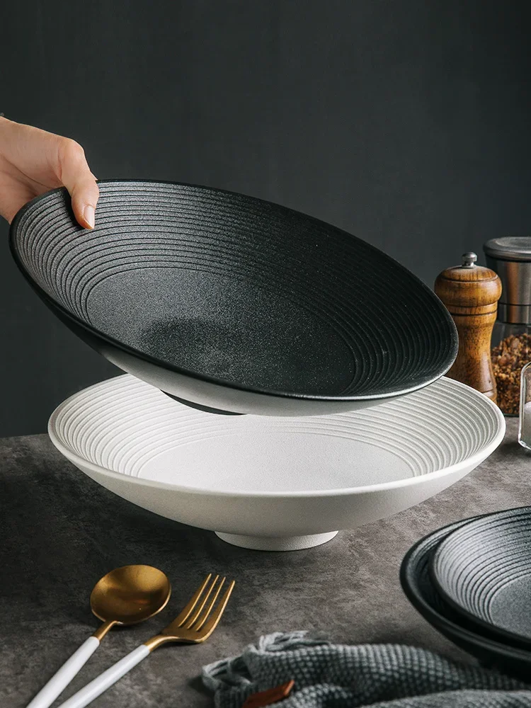 12inches European Ceramic Bucket Bowl Black White Thread Fruit Salad Dessert Plate Large Western Soup Bowl Kitchen Tableware New