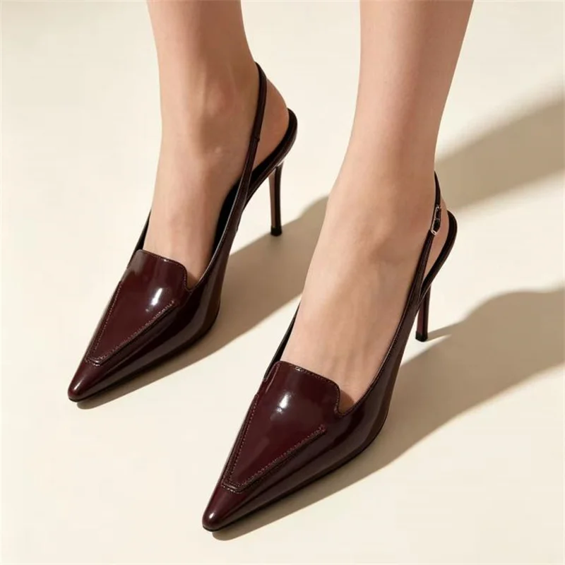 Women Burgundy Patent Leather Slingback Heels Pointed Toe Stiletto Pumps Elegant Back Strap Wedding Party Office Dress Shoes view 4