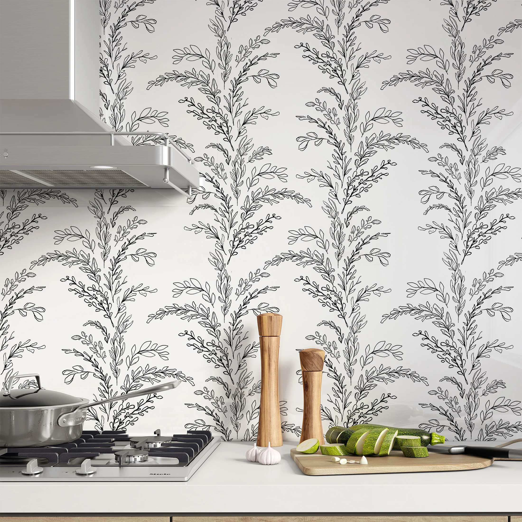 Black White Trailing Vine Wallpaper Minimalist Line Art Leaf Branch Wall Covering Modern Bedroom Living Room Decor
