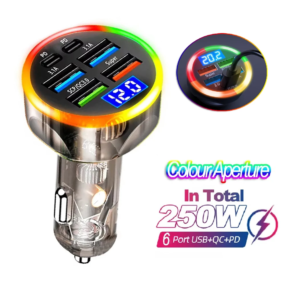 250W 6 Ports Car Charger Fast Charging PD QC3.0 USB C Car Phone Charger Type C Adapter in Car For iPhone Samsung Huawei Xiaomi