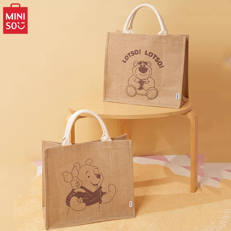 

MINISO Disney Series джутовая сумка «Пух Медведь Лотсо», большая вместительная сумка для хранения, сумка для покупок в стиле аниме, детская игрушка, Рождественский подарок