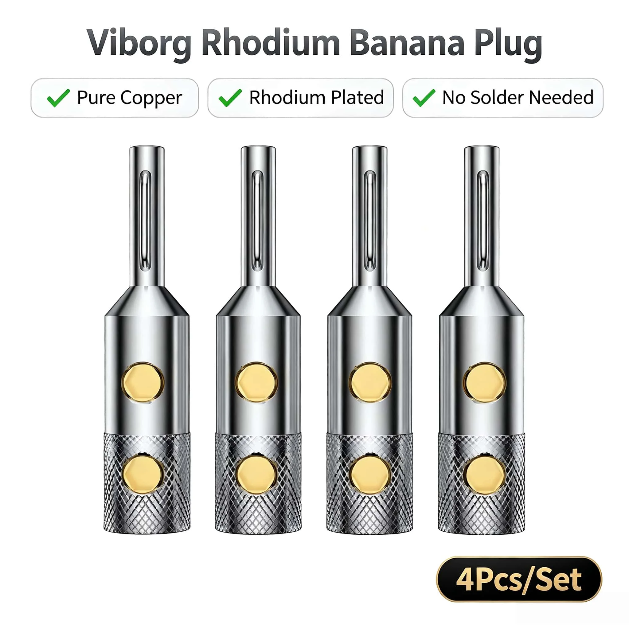 Viborg VB401R Rhodium Plated Banana Plug 4Pcs Screw Lock No Solder Hifi Audiophile DIY Speaker Cable Connector