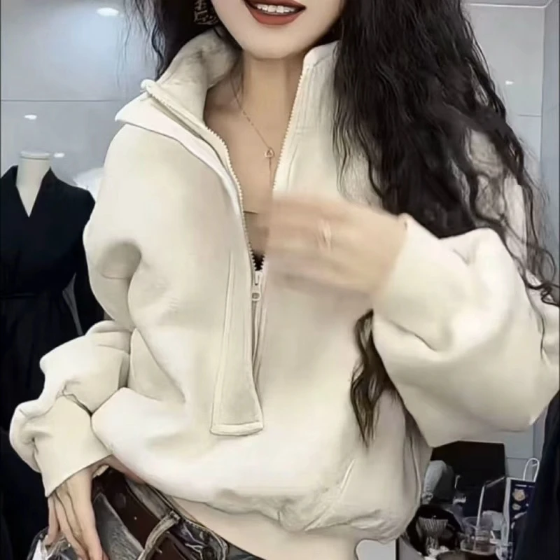 Suéter versátil de terciopelo de estilo extranjero de alta calidad con cremallera, cuello levantado americano, Top corto grueso holgado que cubre carne