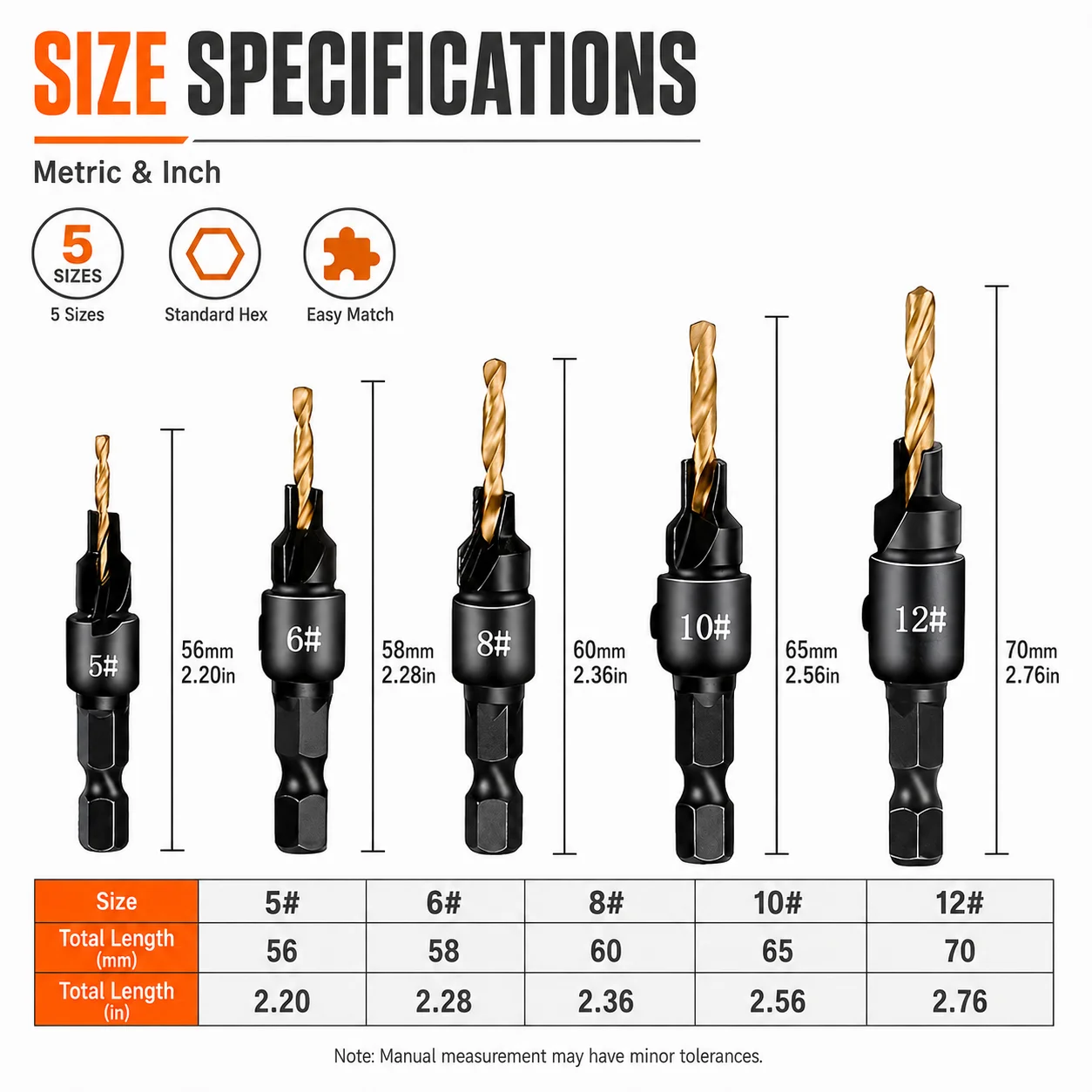 5Pcs Adjustable Countersink Drill Bit Set, Hex Shank Screw Countersinking Bits for Wood, Plywood, PVC, Aluminum DIY Woodworking