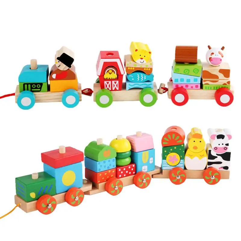 Houten Pull Speelgoed Boerderij Dier Trein Set Montessori Educatieve Bouwsteen Treinset Accessoires Kleine Treinwagons Speelgoed Voor Kinderen