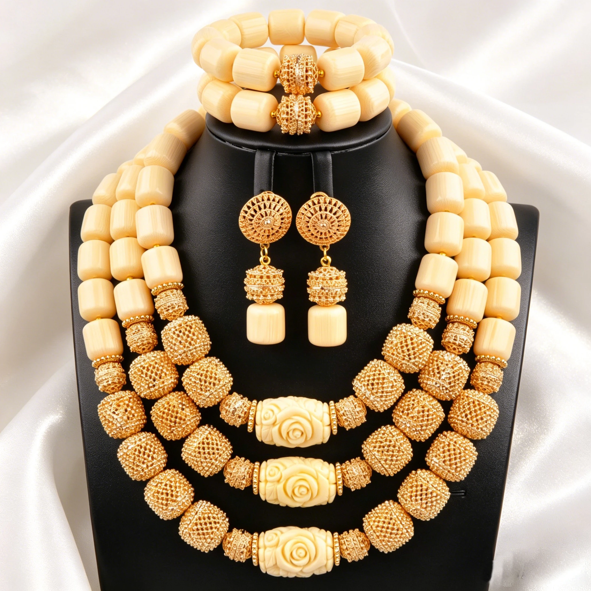 African Traditional Marriage Coral Jewelry, Multi-layer Artificial Coral Necklace Set for Bride, Igbo Wedding Owambe Jewellery