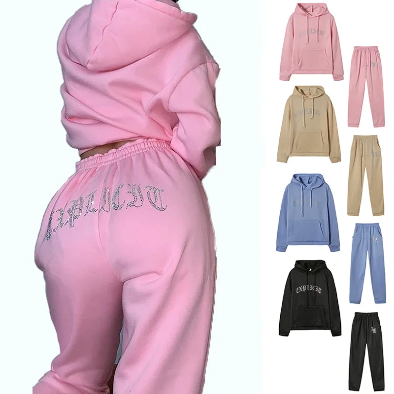 Rhinestones Velvet Tracksuits Streetwear Jogging Two pieces Women Set Hooded Jogger Pants Outfits