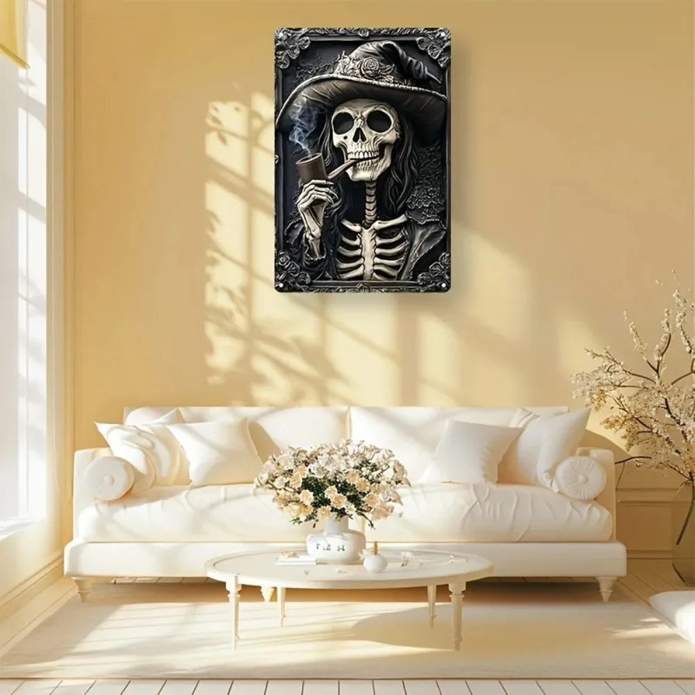 لوحة ألومنيوم SkeletonWitchSign Skeleton Witch - ديكور حائط معدني مربع مع فتحات محفورة مسبقًا، ديكور بار/مطبخ #3