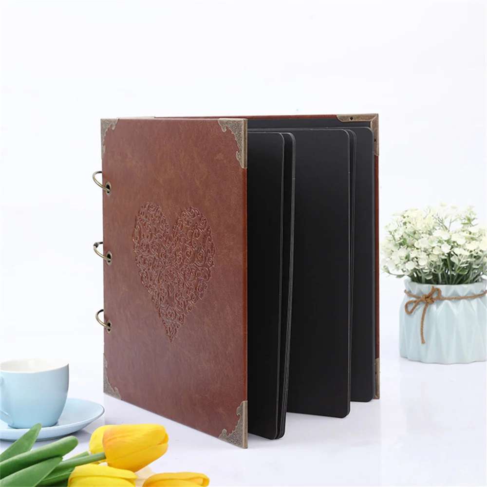 10 inch Photo Album Vintage Leather Scrapbook Wedding DIY Memories Book Refillable Black Pages Birthday Gift Anniversary Present