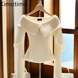 Kimotimo Pullover Women Autumn Winter White Slash Neck Long Sleeved Slim Chic Sweater Korean Elegant Fashion Knitted Crop Top