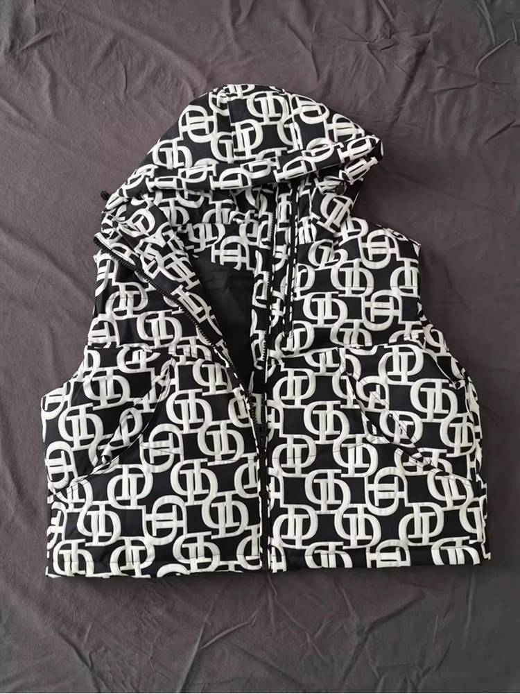 Autumn Winter Hooded Letters Printed Down Vest Women White Duck Down Sleeveless Casual Vests Female Warm Zipper Loose Waistcoats