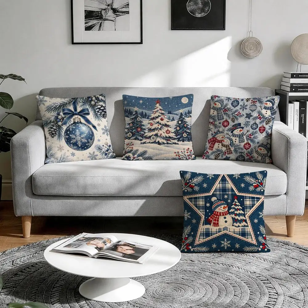 Frosty Holiday Wall Decor Cushion Cover 1/4Pcs Linen Throw Pillow Covers Double-Side Print Sofa Couch Living Room Decor