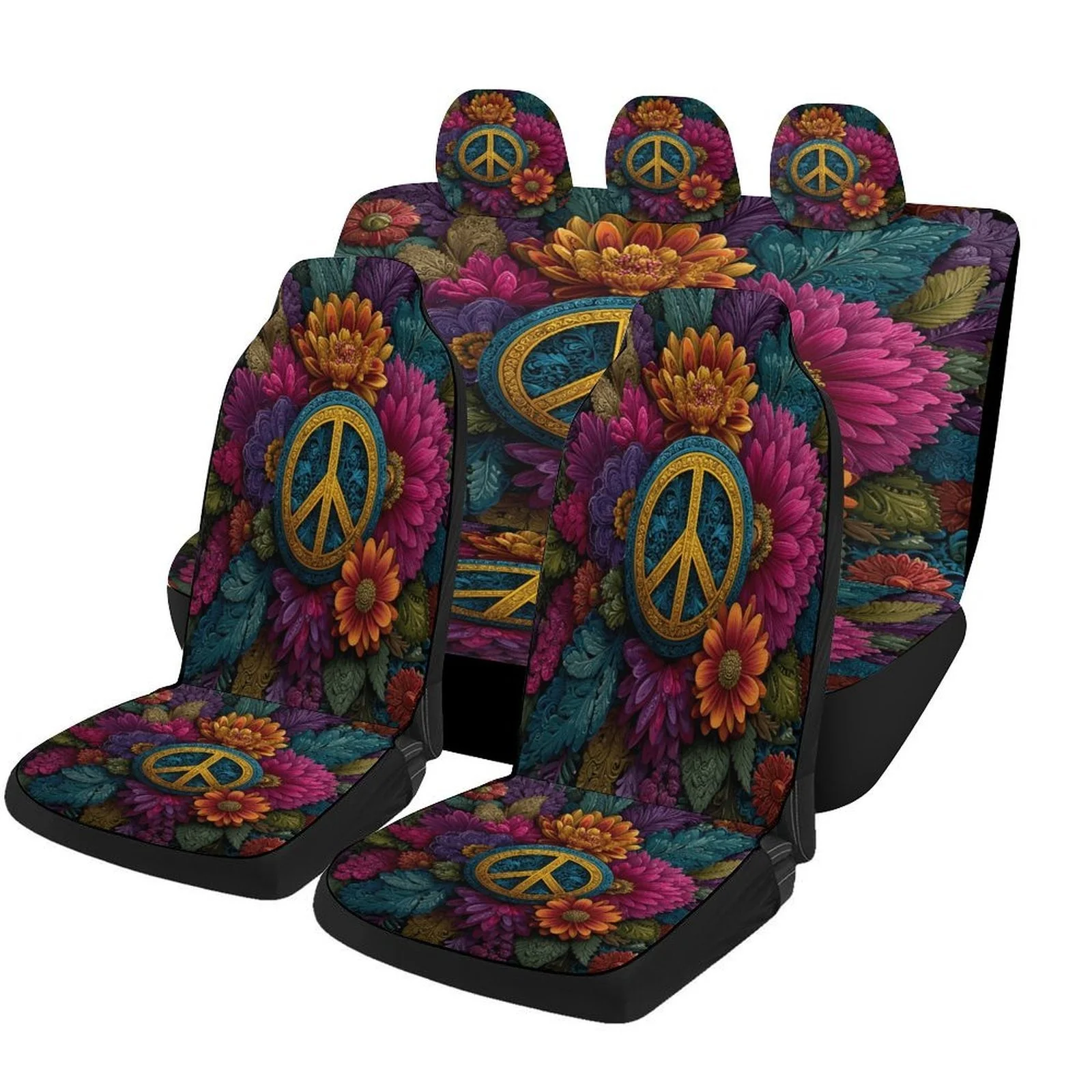 Peace Floral Emblem Car Seat Cover Set - Vibrant Pink, Purple & Blue Design, Universal Fit For Most Cars, Durable Polyester, Mac