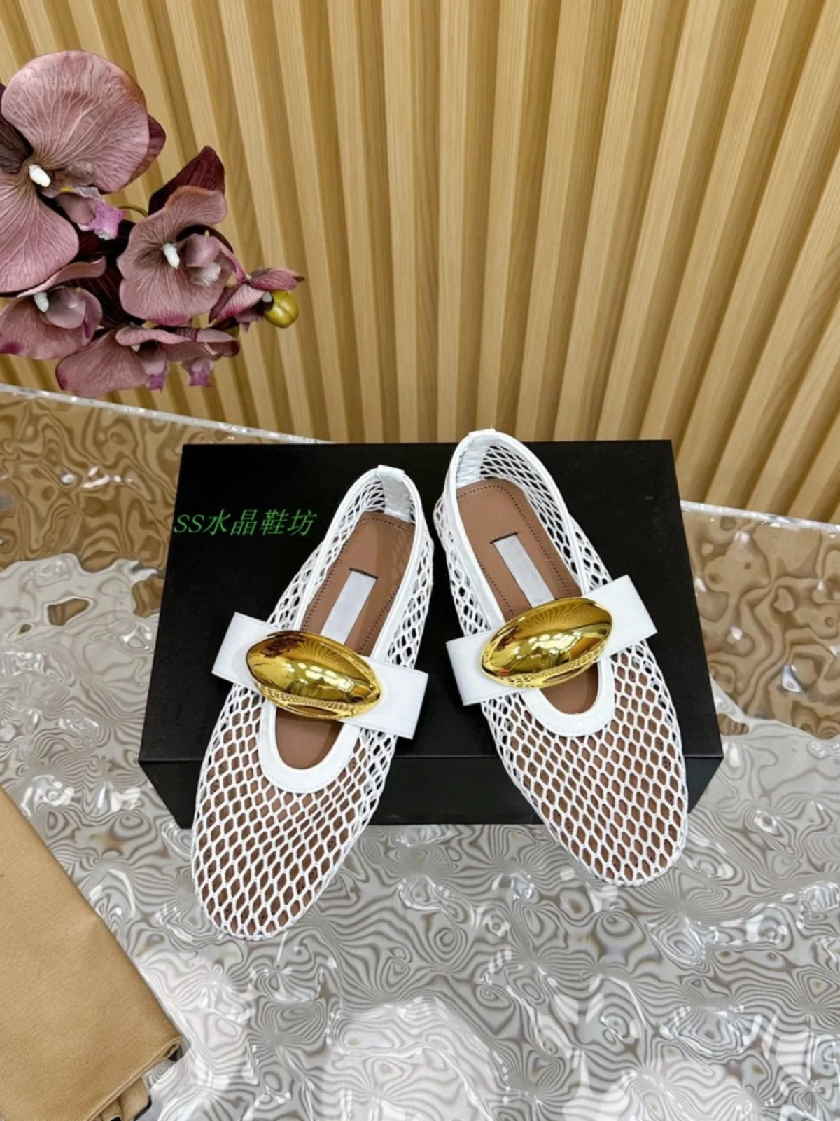 

Buy Women shoes fashionable metal buckle mesh Mary Jane single shoes women's flat comfortable ballet dancing shoes