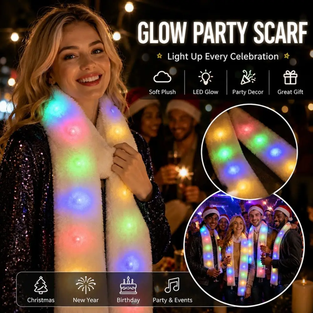 Fashion White Plush LED Flash Scarf Light Up Warm Winter Plush Scarf Skin-friendly Novelty Luminous Glowing Scarf Rave