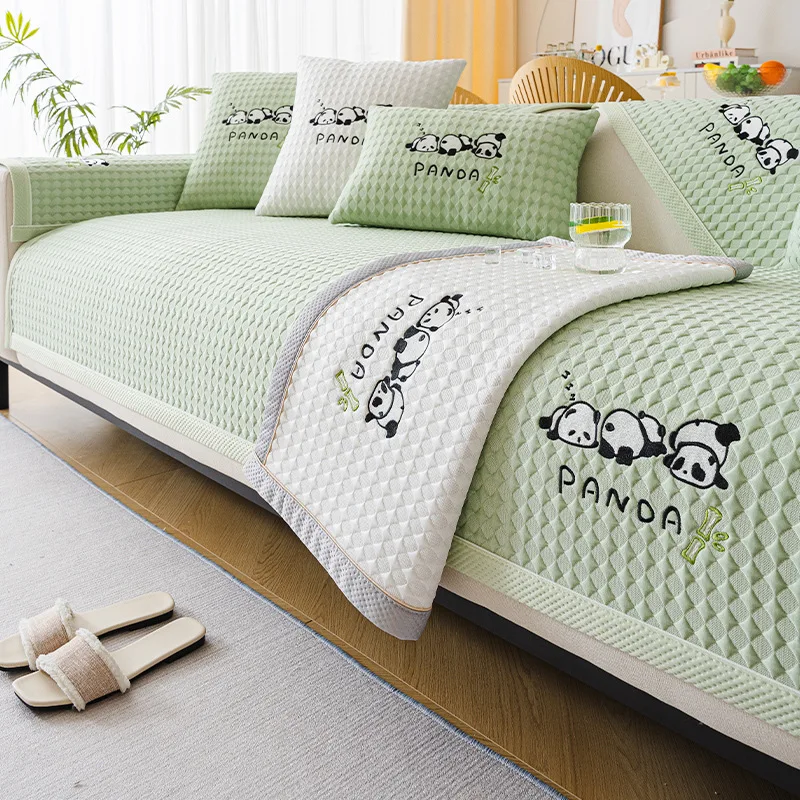 

Self Cool Feeling Ice Silk Sofa Cushion Anti Slip Embroidered Panda Antibacterial Home Decor Seat Pad Backrest Armrest Cover
