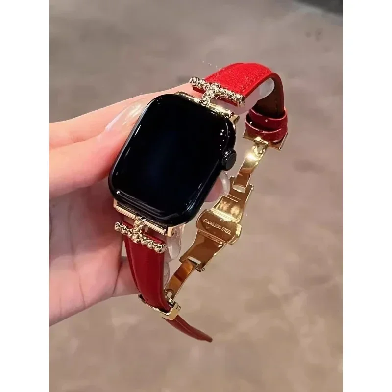 

Butterfly Buckle Genuine Leather Apple Watch Strap Compatible with iWatch Strap 38mm40mm 41mm 42mm 44mm 45mm 49mm Handmade Strap