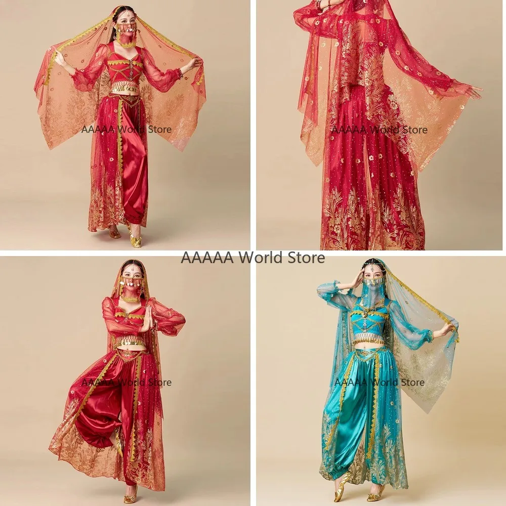 

Exotic Princess Belly Dance Costume Set Red Green Colors Adult Women Halloween Cosplay Performance Outfit