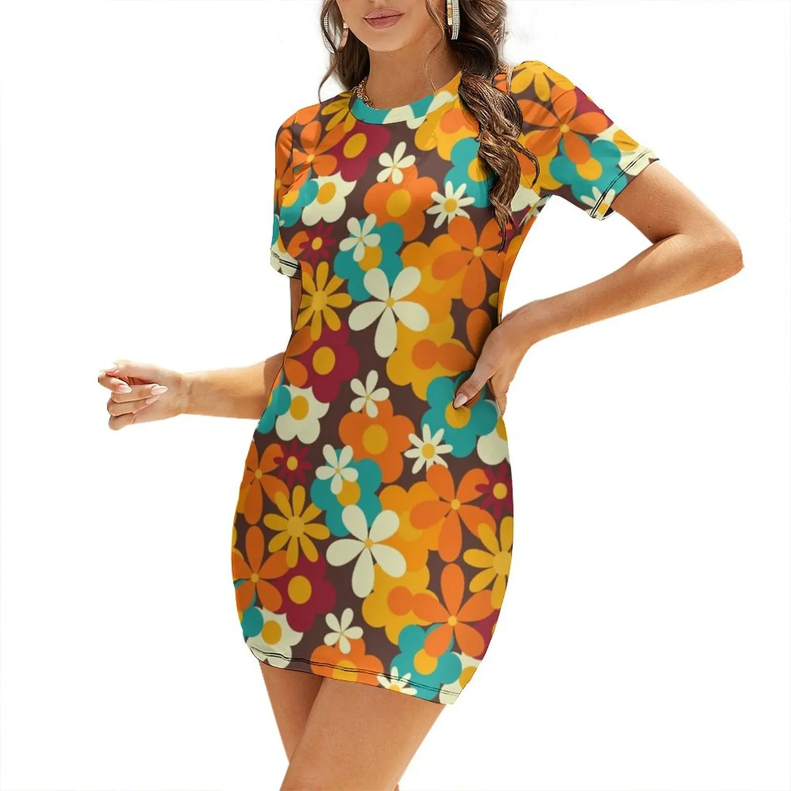 

Retro 70s Classic Colors Flower Power Seamless Repeat Pattern Print Short Sleeved Dress evening dresses ladies Dress