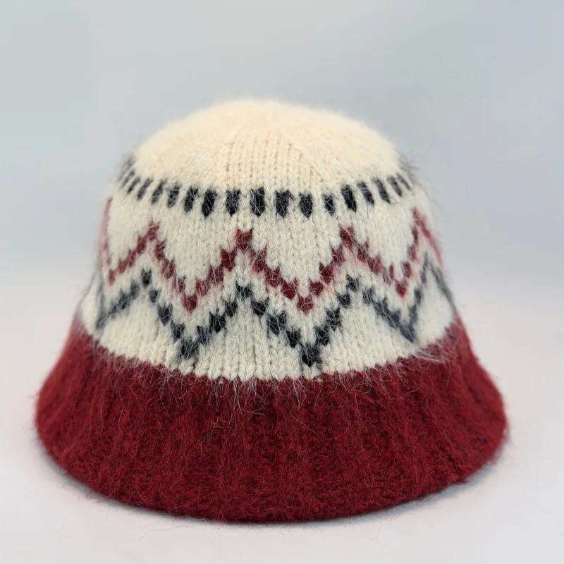 Winter Knit Jacquard Bucket Hat Women‘s Y2K Warm Thick Color Block Beanie Cap Sweet Girl Autumn Outdoor Fashion Fisherman Hat
