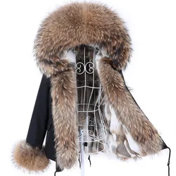 Maomaokong 2023 New Women Winter Fur Coat Rabbit Lining Jacket Natural Real Raccoon Collar Parka Fox Fur Short Female Clothing