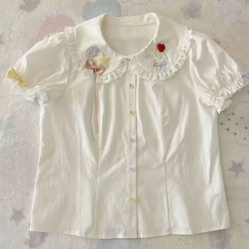 2025 สาวญี่ปุ่น Kawaii หวานน่ารัก Lolita เสื้อฤดูร้อน Y2k Aesthetic Lace Patchwork เสื้อผู้หญิง JK หลวม Blusas Femme