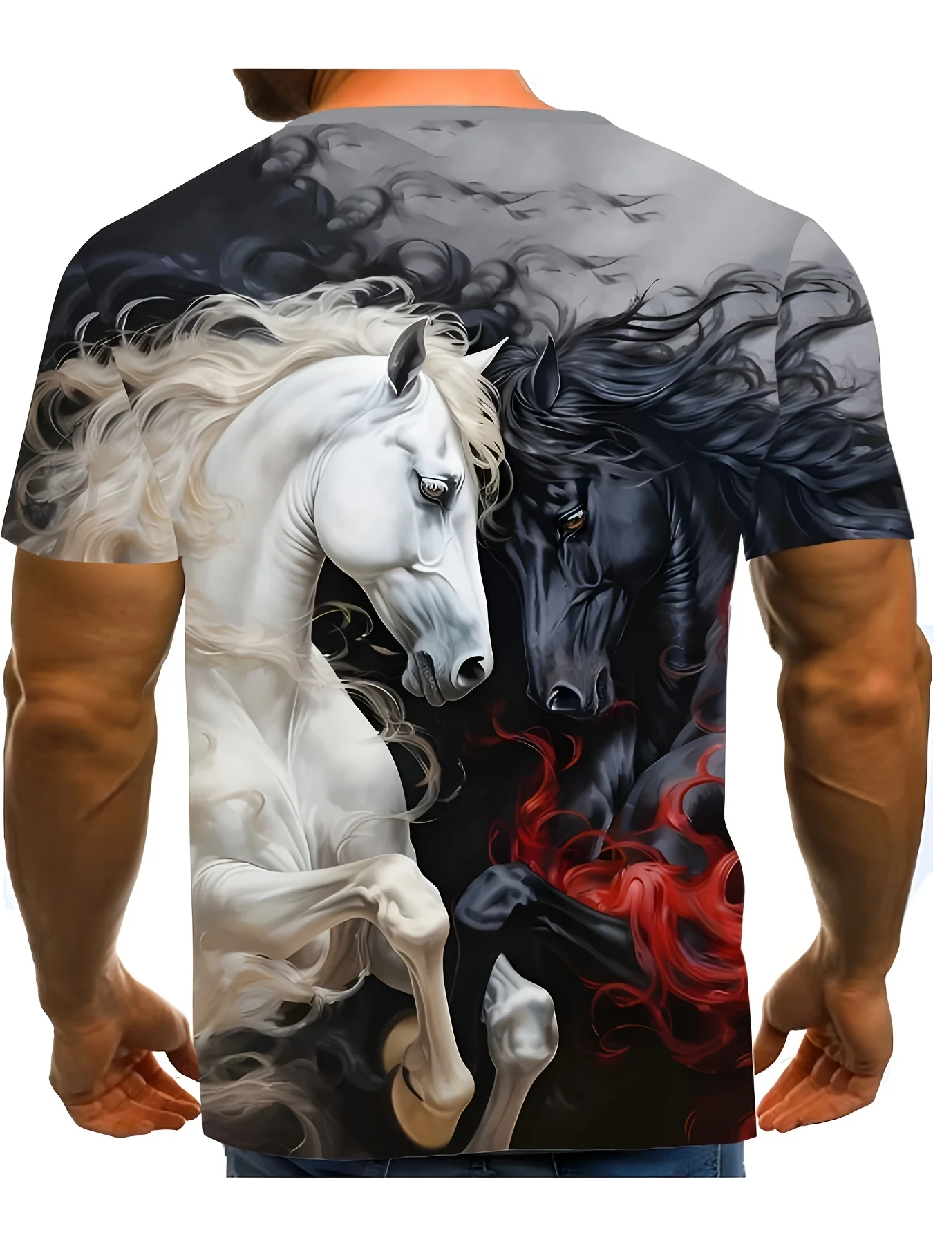 Men Short Sleeve T‑Shirt White Black Contrast Horse Fiery Flame Art Crew Neck Casual Tops