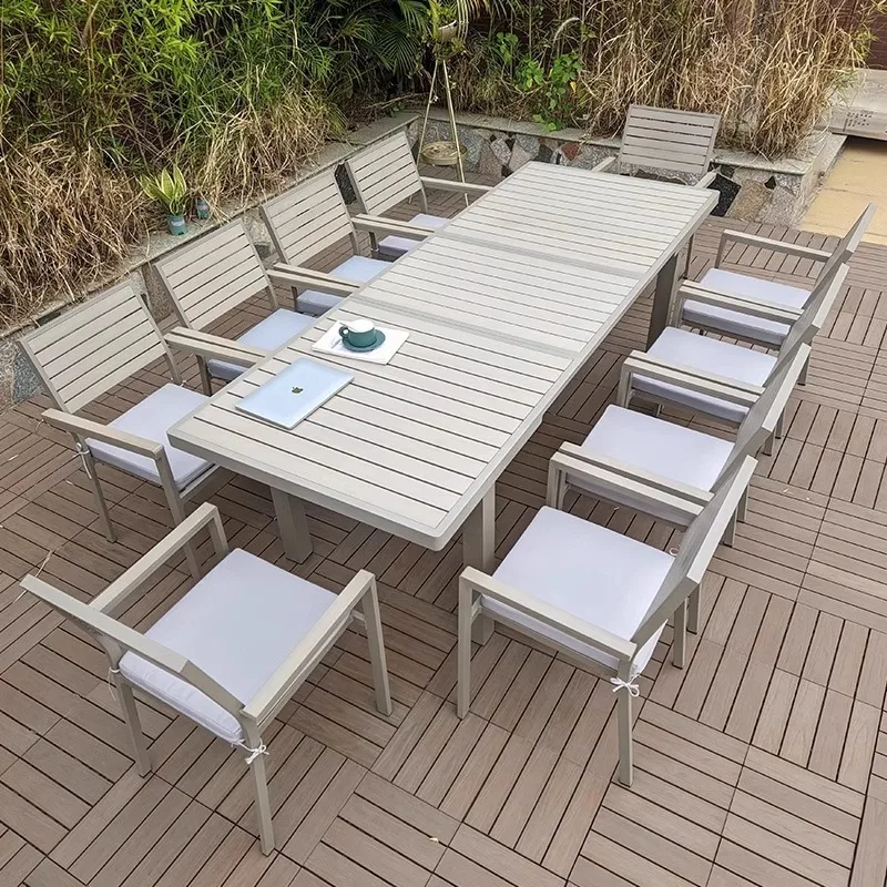 Waterproof all-aluminum large long table retractable dining table and chairs yard outdoor