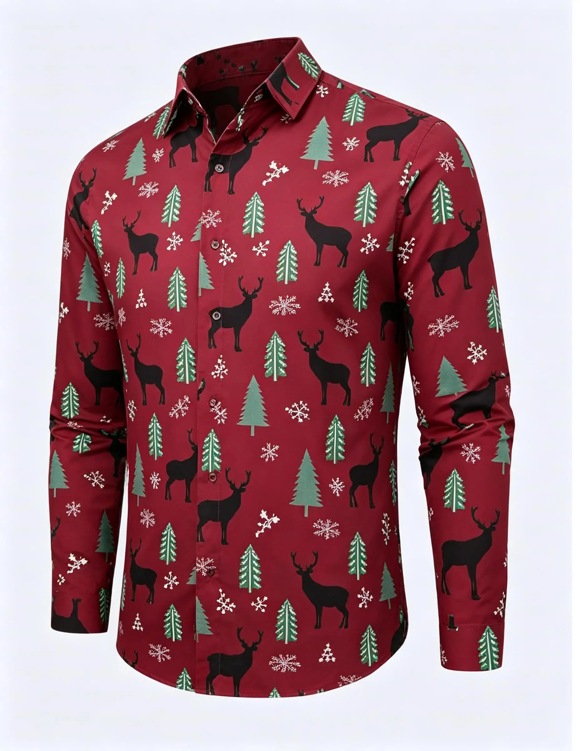 Mens Xmas Party Shirt Elk Forest Snow Pattern Holiday Long Sleeve Dress