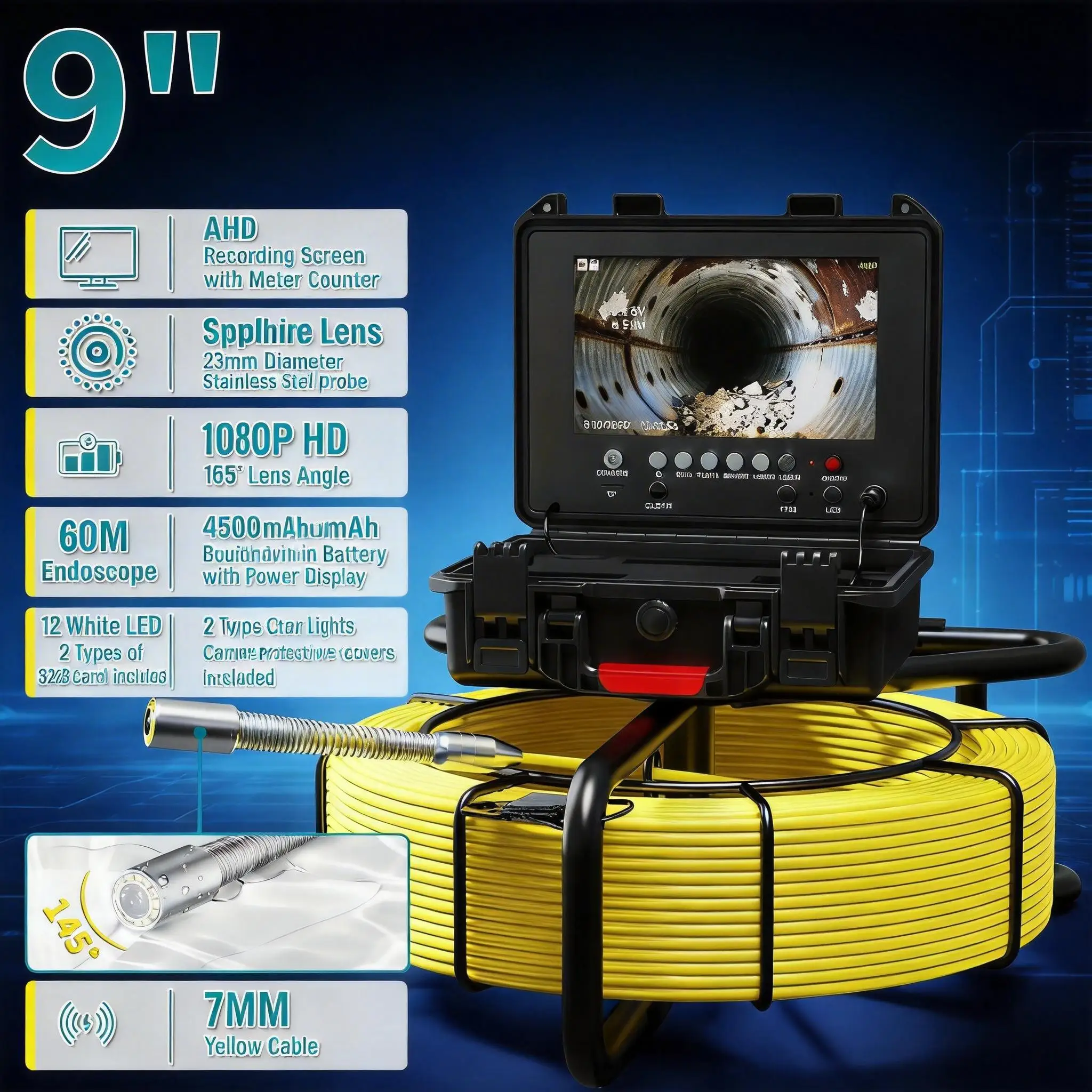 

UltraSlim 7mm PipeEye Pro – IP68 Waterproof Industrial Endoscope with 512Hz Locator & 9" DVR