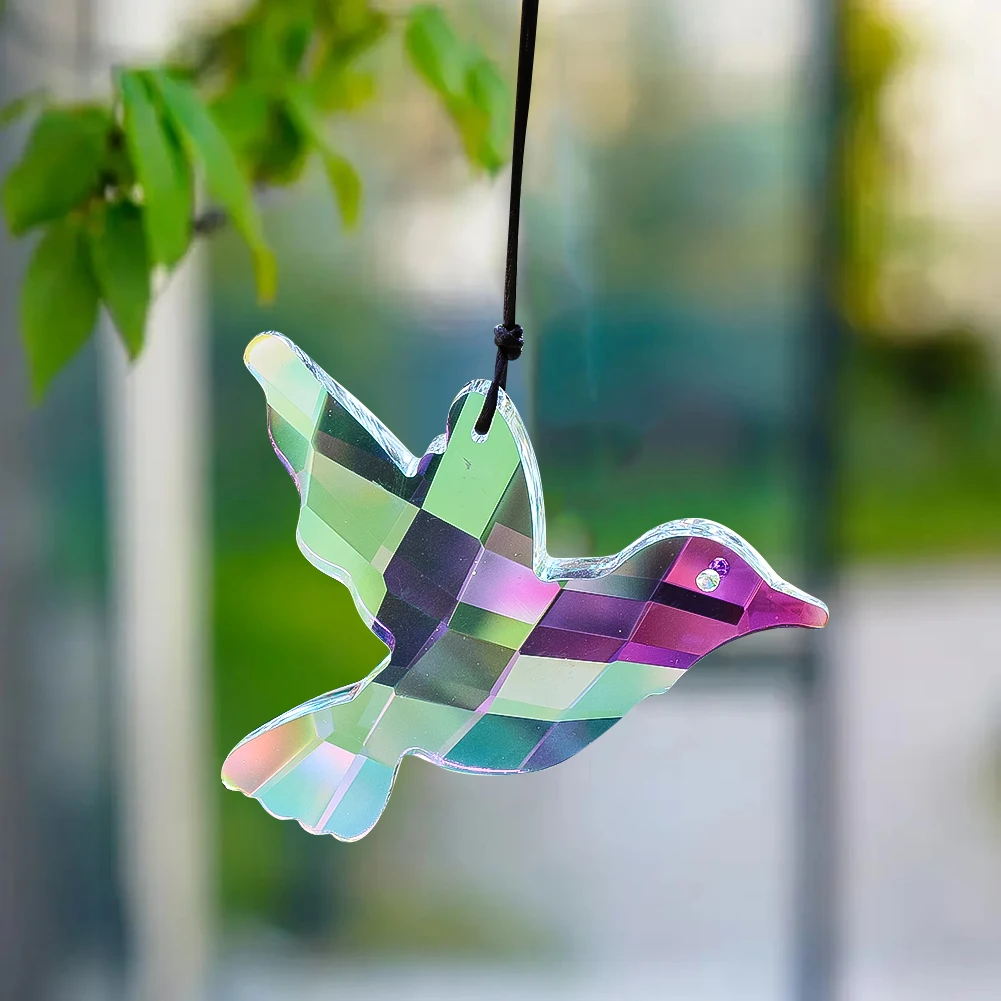 Iridescent Hummingbird Crystal Sun Catcher AB Color With Black Cord For Window Home Garden Decor Rainbow Maker Hanging Ornament