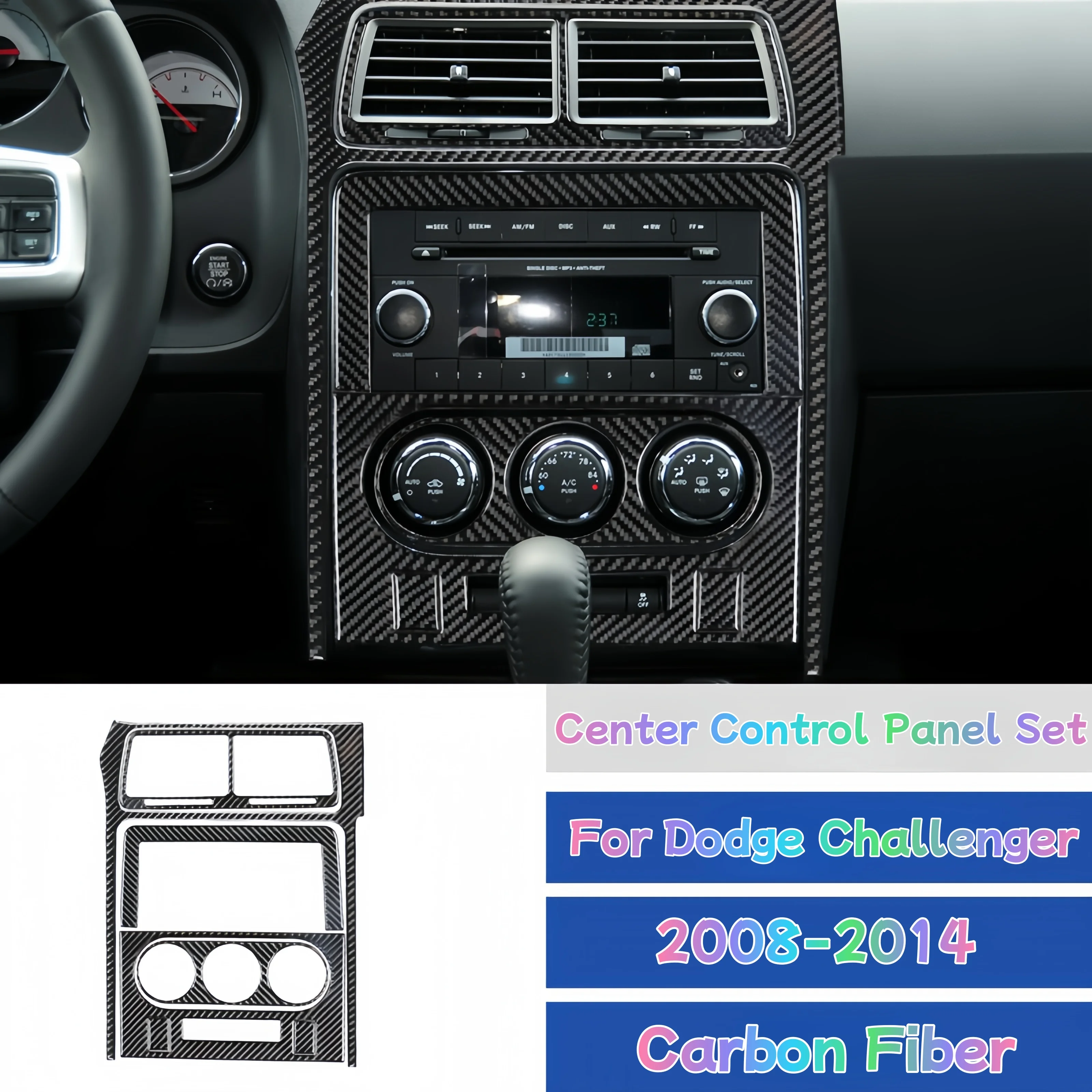 For Dodge Challenger 2008-2014 Accessories Carbon Fiber Interior Car Central Control AC CD Panel Trim Cover Decoration Sticker