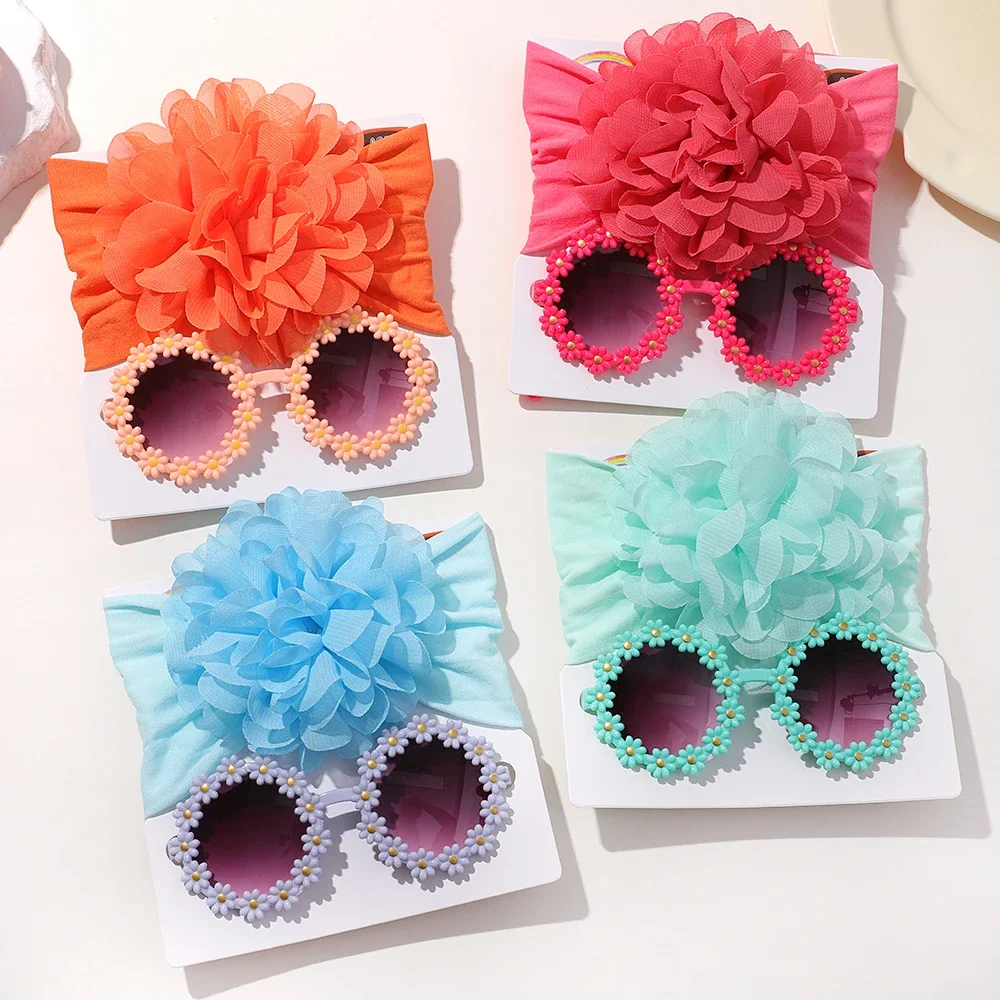 2Pcs Exaggerated Big Satin Flower Headband with Daisy Round Glasses Set for Newborn Baby Girls Cute Elastic Wide Hairband Gift