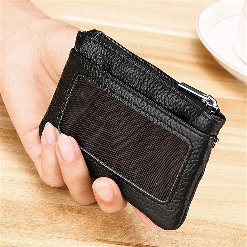 Cowhide Fabric Mini Wallet Vintage Short Lady Small Card Holder with Key Ring Coin Women's Purse Money Clip for Man Zipper Bag