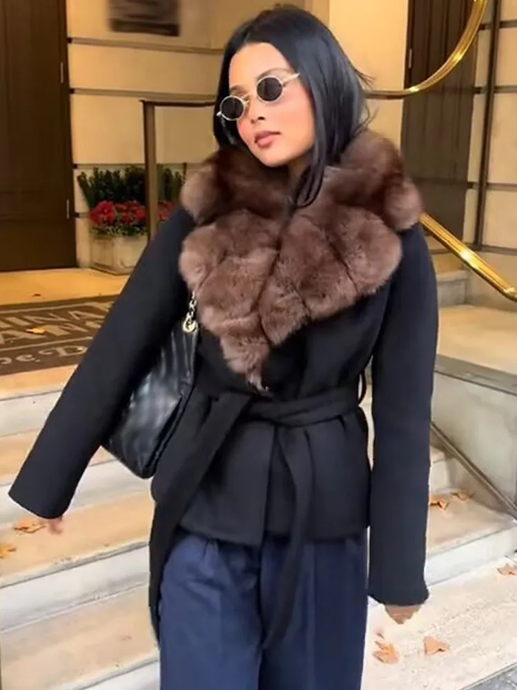 

HH Female Winter Elegant Slim Elegant Turn-Down Collar Coat Black Pockets Belt Decoration Women's Fashion Long Sleeves Coats