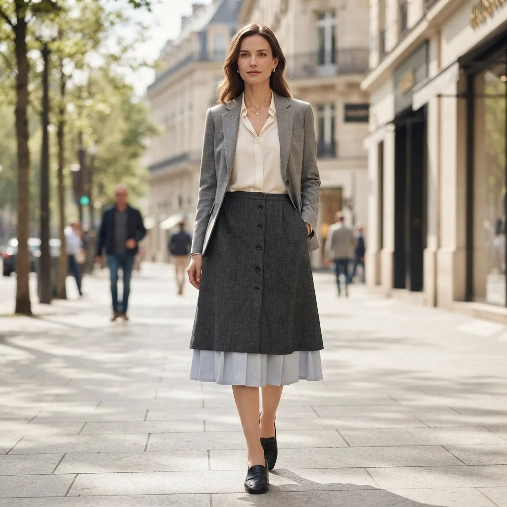 WOOL Fake Two‑Piece Midi Skirt High Waist Button Front Grey White A‑Line Skirt Elegant Office Lady Casual Mid‑Length BH1624
