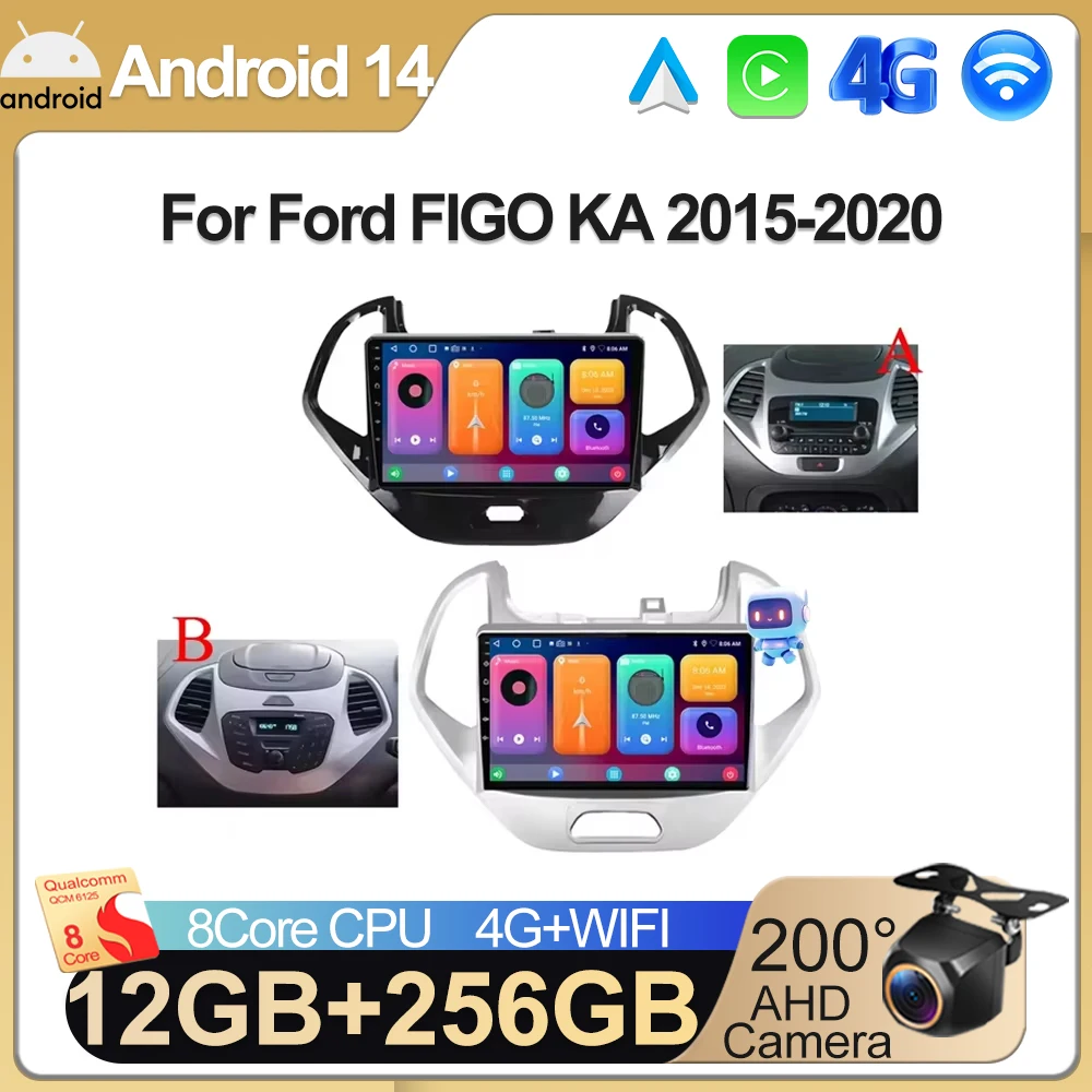 Cam QLED IPS Screen 7862 Android 13 For Ford FIGO KA 2015-2020 Auto Stereo Multimedia Wireless Video Radio Carplay DSP WIFI DVD